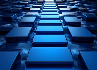 Fototapeta premium On a dark blue background, a glowing arrow ascends a white, three-dimensional bar graph, symbolizing growth, progress, and success. This imagery evokes feelings of upward mobility and success