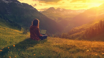 Fototapeta premium Young woman freelancer traveler working online using laptop and enjoying the beautiful nature landscape with mountain view at sunrise