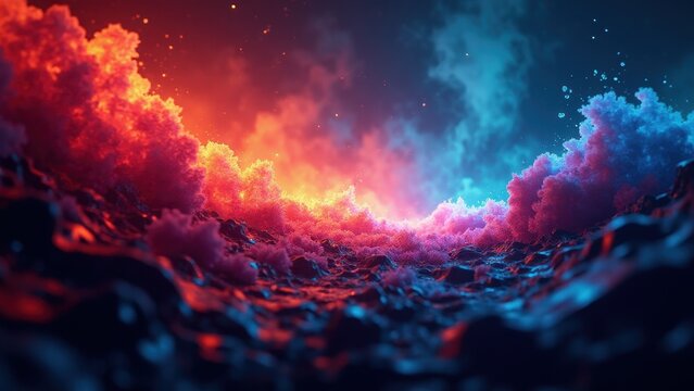 Abstract 3000x3000 image depicting a vibrant, colorful scene with red and blue clouds merging over a textured surface.