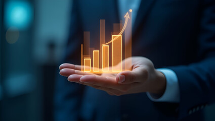 Hand interacting with glowing bar charts showing growth trends for market trends visualization in a business setting. concept as Hand engaging with glowing bar charts displaying growth trends illustra