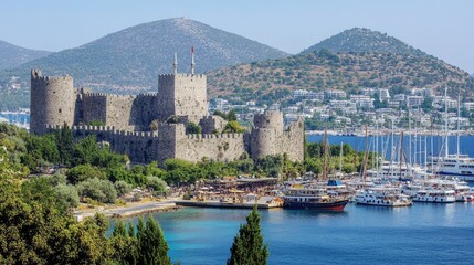 Obraz premium Enchanting Bodrum: A View of Saint Peter Castle and Marina in Sunny Turkey - Timeless Architecture and Summer Vibes