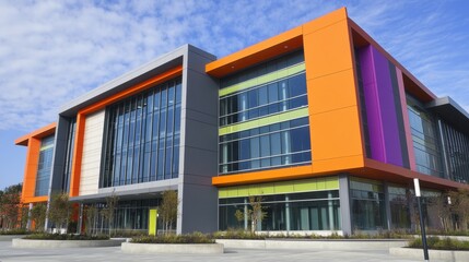 Fototapeta premium Modern multi-story building with vibrant orange, gray, and purple exterior panels against a blue sky.