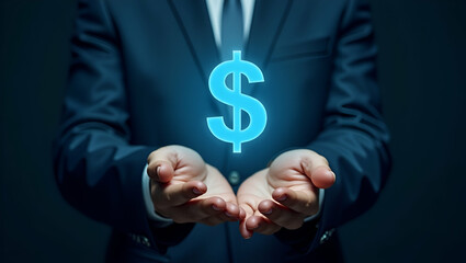 Hand Presenting Holographic Improvement Icon for Profit Management in Minimalist Background