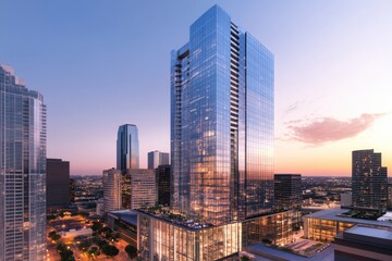 Fototapeta premium Modern glass skyscraper at sunset, surrounded by city buildings and lights.