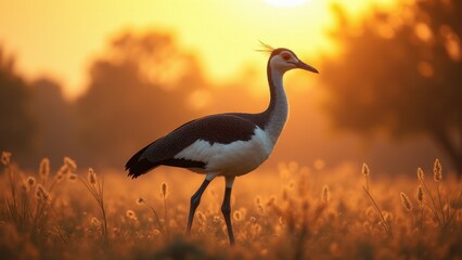 Obraz premium An Australian bustard stands gracefully in a sunlit field during sunset, showcasing its elegant plumage and long legs.