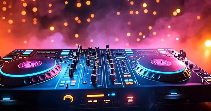 DJ equipment on stage with colorful lights and smoke.  Possible use Stock photo for music or party design projects
