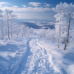 Snow path on mountain ridge, winter vista