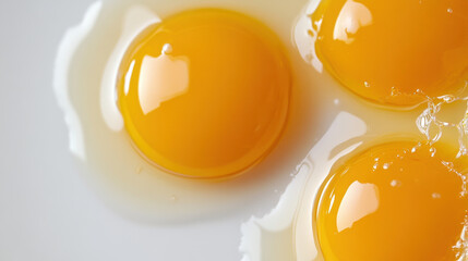 Three fresh egg yolks with egg whites on a white surface