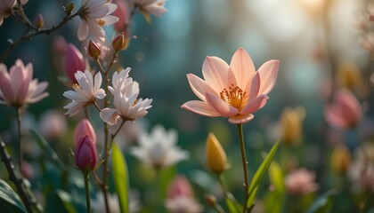 Fototapeta premium Blooming Flowers in a Dreamy Garden with Soft Sunlight and Bokeh