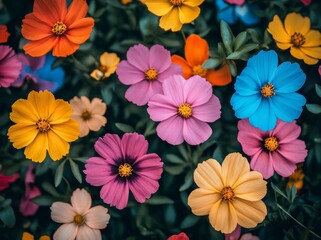 The garden, rich with green foliage, is dotted with delicate cosmos flowers in pink and white, and the high-angle shot captures this beautiful scene
