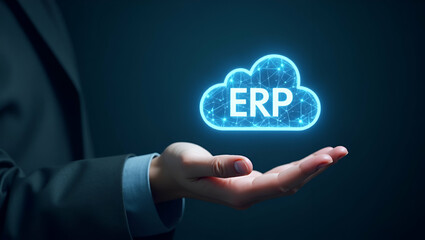 Hand Holding Holographic Cloud Symbol for ERP Software in Minimalist Design