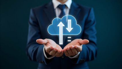 Flat Cloud Technology: A Business Professional's Guide to Managing Data with a Glowing Cloud Icon and Download/Upload Arrows in a Simple, Cute Vector Illustration