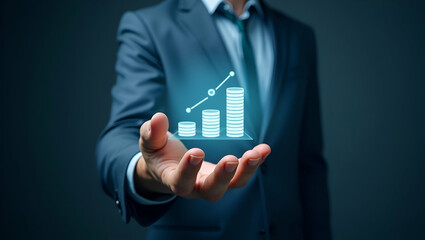 Hand Holding Holographic Allocation Icon: Visualizing Profit Management and Revenue Allocation in a Clean, Empty Space Background for Stock Photo Concepts