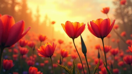 Fototapeta premium A beautiful birth flower photo capturing vibrant red-orange flowers in a field, illuminated by a warm, golden sunset.