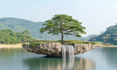 Floating island with tree and waterfall in serene lake, ideal for nature concepts