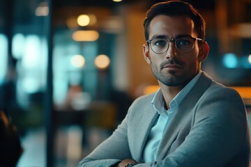 Obraz premium A cinematic-style image of a business leader focusing on improving customer experience through AI-driven satisfaction metrics.
