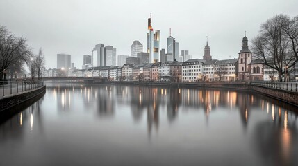 Misty Frankfurt skyline reflected in canal