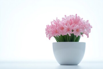 A clean and bright image of a pink hyacinth flower in a white pot, with the soft hues of the flowers contrasting against the pure white background.