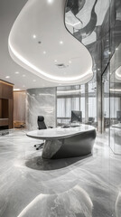 Modern office interior with marble desk and reflective ceiling
