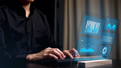 connect, cyberspace, cyber, web, security, tech, access, Man in black shirt types on a keyboard, with transparent data charts and analytics displayed in a high-tech overlay.