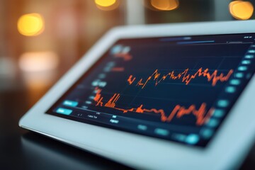 A clean and professional image of a stock market graph on a tablet or laptop screen, displaying fluctuating economic trends.
