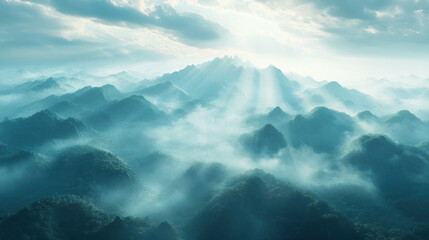 Misty mountain range with sun rays piercing through the clouds.
