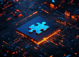 A bright blue puzzle piece, illuminated and resting on a digital grid, is set against a backdrop of a world map and bar chart, symbolizing futuristic, connected technology