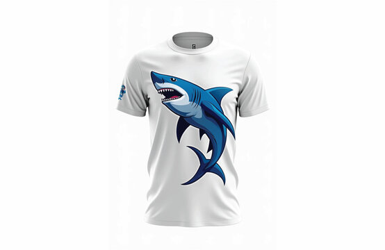 create an interclass t-shirt, with a white base color and a shark mascot, using royal blue as secondary color