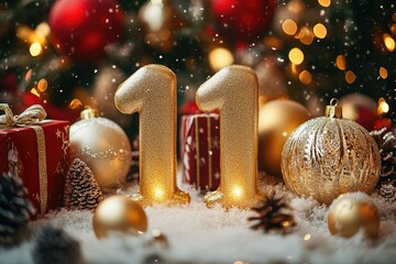 Festive Countdown: Golden Number 11 Surrounded by Christmas Crackers and Cheerful Decorations