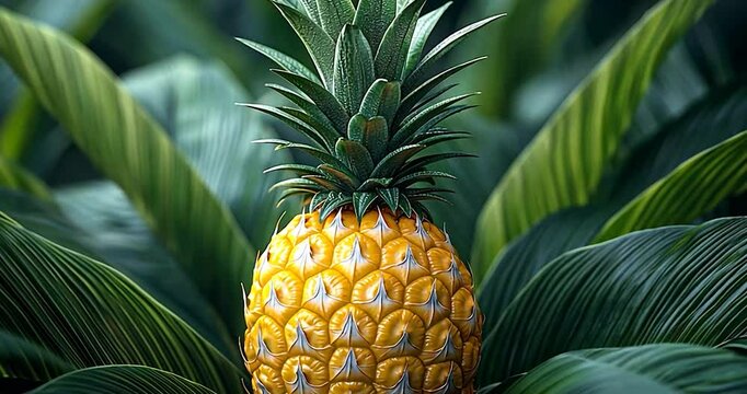 Fresh pineapple in lush tropical foliage; vibrant fruit; tropical paradise; nature background; ideal for food advertising