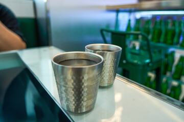Stainless steel drinking cups provided by the tea restaurant