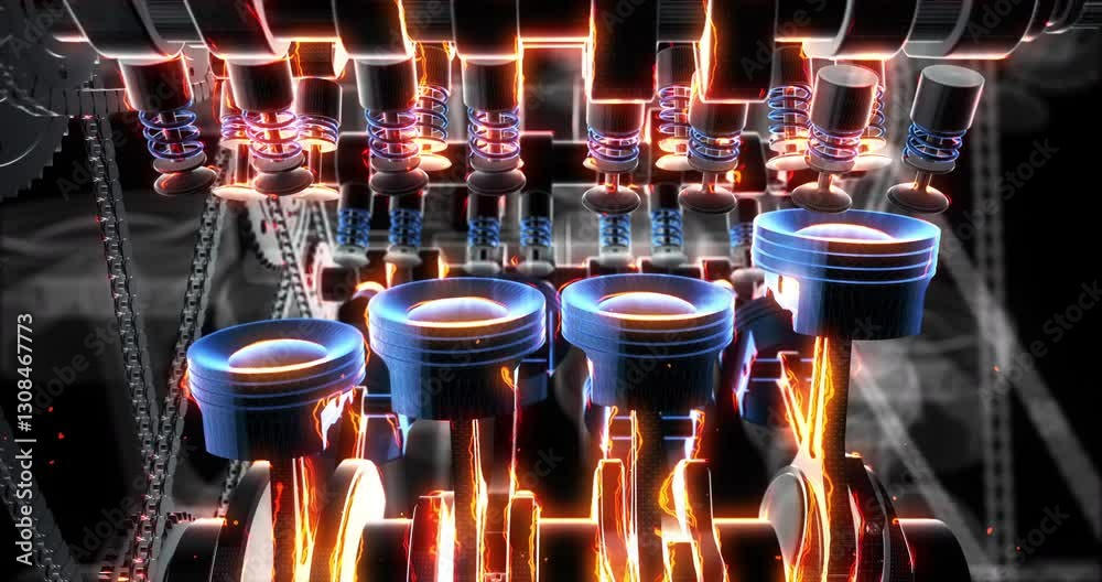 Poster Working V8 Engine Animation with Spark Plugs Firing and Pistons Moving. Industry And Technology Related 3D Animation.