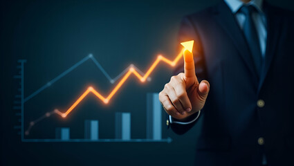 Futuristic Leadership Chart: A Glowing Hand Pointing to Performance Metrics & Team Progress - Inspire Top Performance with Bright Leaderboard Elements in Stock Photo Concept
