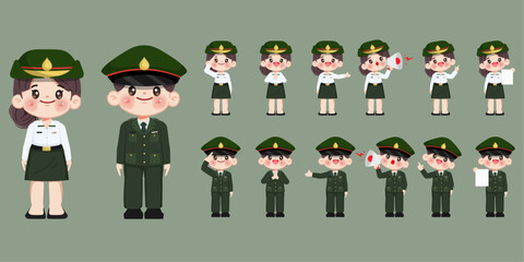 Cute cartoon group of Thai navy and military officer uniform character. vector premium.	
