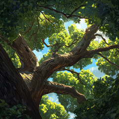 thick tree branch stretches out under bright blue sky, surrounded by lush green leaves. sunlight filters through foliage, creating serene and vibrant atmosphere