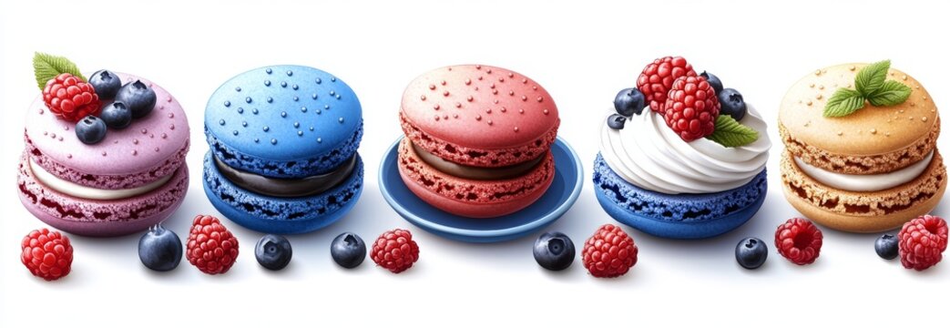 A dessert trio: a pink macaron, a cannolo filled with cream and cherries, and a pavlova with berries, presented as scrumptious sweet treats