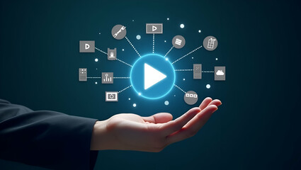 Neon Holographic Play Button: Interactive Video Production & Streaming Content Creation Concept