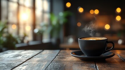 coffee in the black cup on wooden table