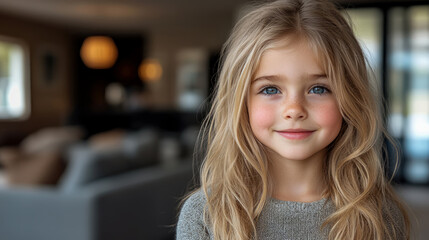 Portrait of a Child: A young girl with flowing blond hair and radiant blue eyes, radiating pure innocence and quiet joy.