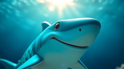 Cartoon Shark Swimming Underwater with Sun Rays and Blue Ocean