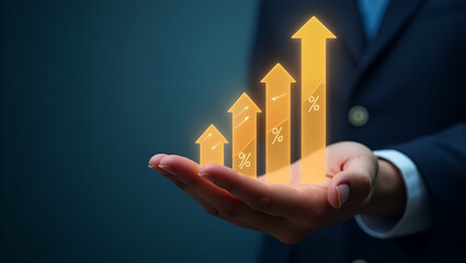 Hand holding a bar graph with glowing upward arrows and percentage indicators showcasing financial growth in business finance departments concept as Hand holding bar graph with glowing upward arrows a
