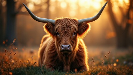 A highland cow with long horns and shaggy fur is lying in a field at sunset, creating a warm and serene atmosphere.