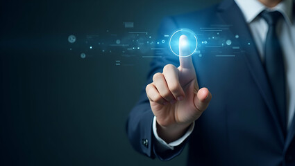 Flat Finger Tapping a Floating Holographic Button: A Cute Vector Illustration Representing Digital Selection in Modern Interfaces for Smart Business Solutions