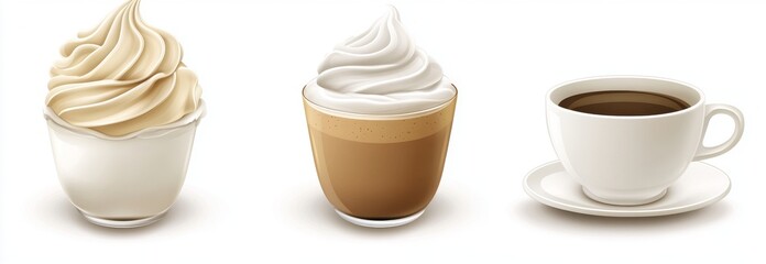 Three refreshing and charming treats: a fruit smoothie, a swirled ice cream cone, and a cup of coffee with roasted beans