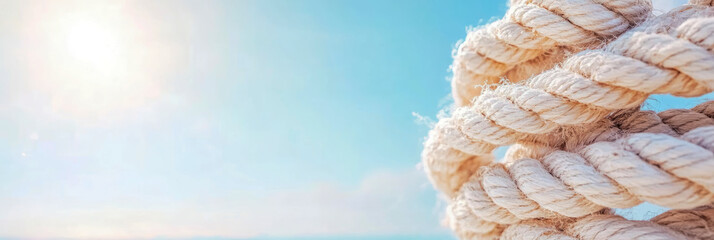 Seaside Nautical: A sunlit textured twisted rope against an azure sky, for marine adventure announcement