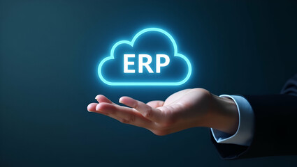 Hand holding holographic ERP integration efficiency icon illustrating ERP integration efficiency in cloud environment minimal background concept as A hand shows holographic ERP integration efficiency 