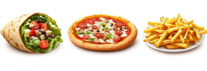 Three popular fast food items: a vegetable wrap, a pizza with tomatoes and olives, and a serving of golden french fries in a red container