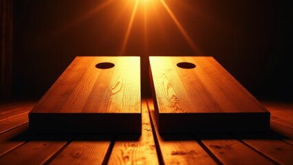 Corn hole game board designs illuminated by warm light, showcasing the wooden texture and craftsmanship.