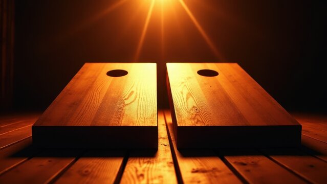 Corn hole game board designs illuminated by warm light, showcasing the wooden texture and craftsmanship.