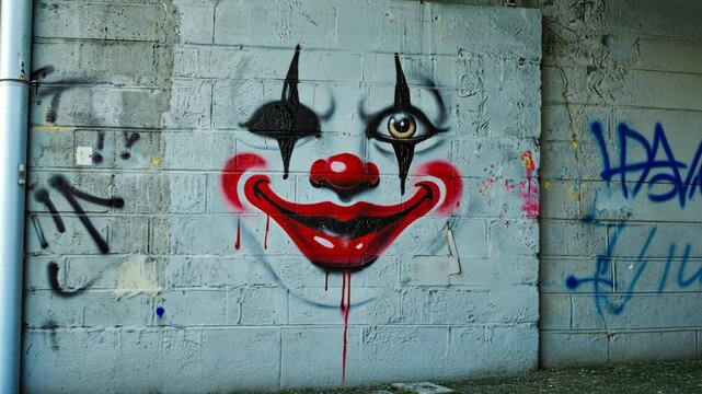 A clown face with red paint on it is painted on a wall. The clown has a red nose and is smiling. The wall has graffiti on it, which adds to the overall mood of the image